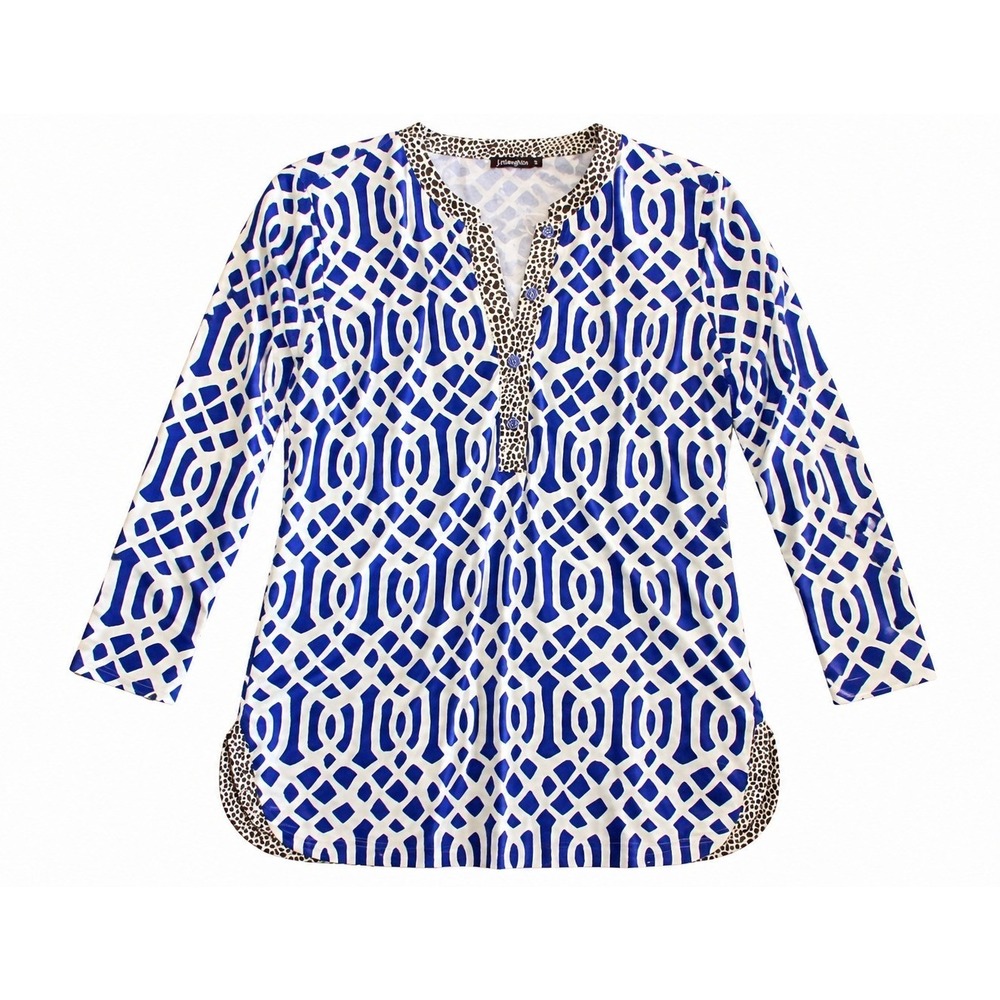 J.McLaughlin Tunic Top Womens Small Blue White Lattice‎ Print Good Geometric 3/4